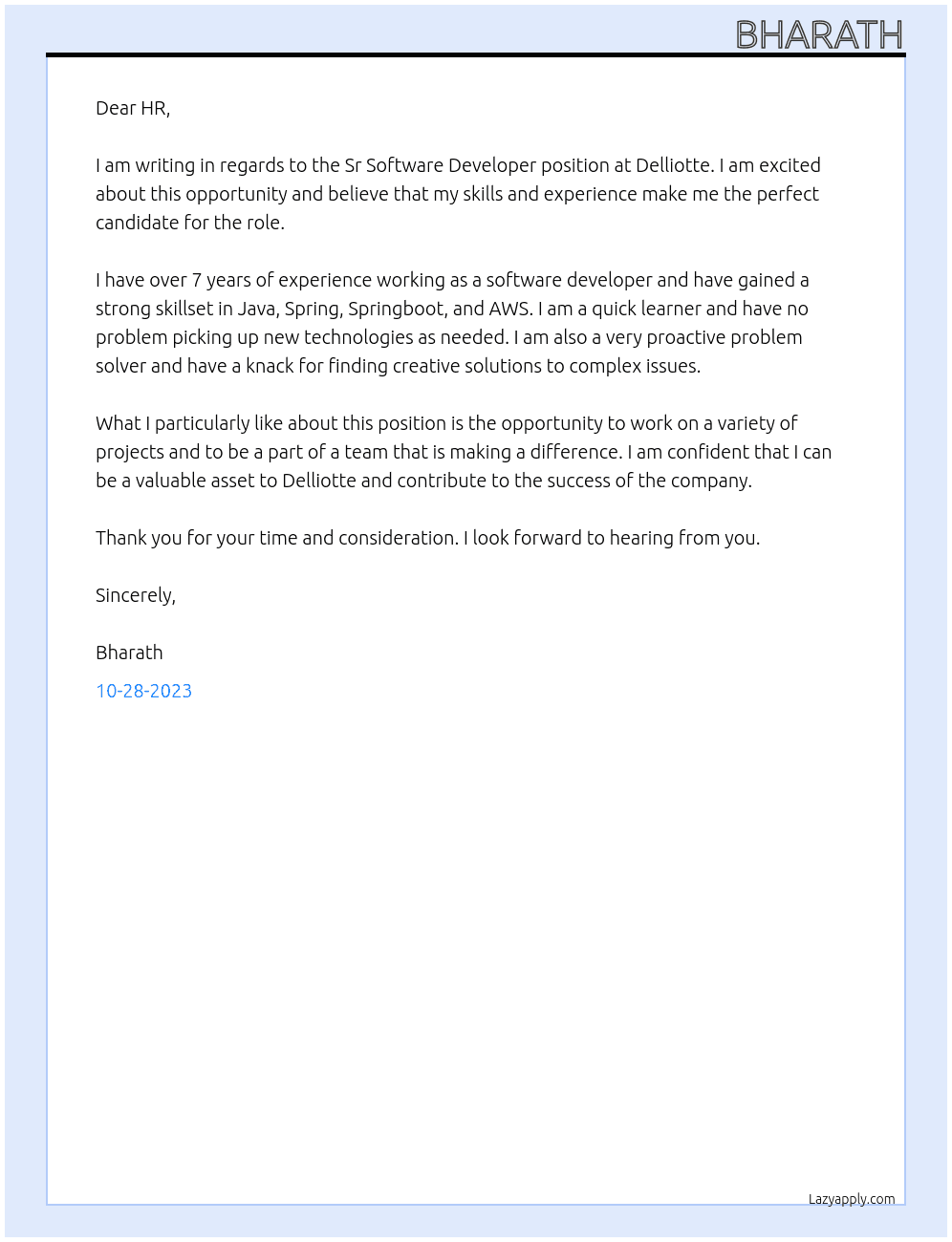 Sr Software Developer At Delliotte Cover Letter