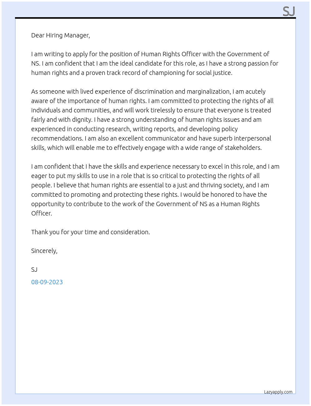 Human Rights Officer At Govt NS Cover Letter