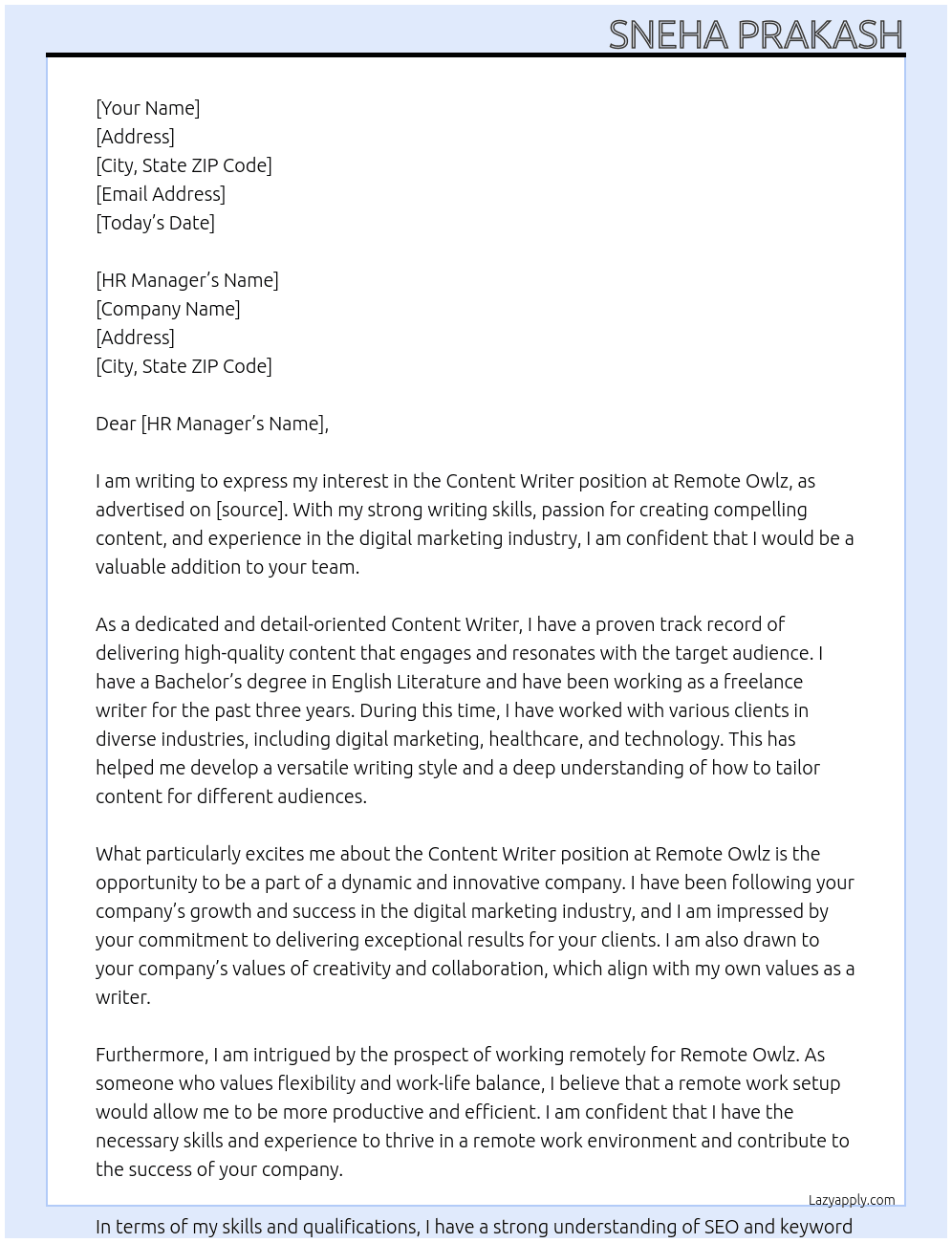 Content Writer At Remote Owlz Cover Letter