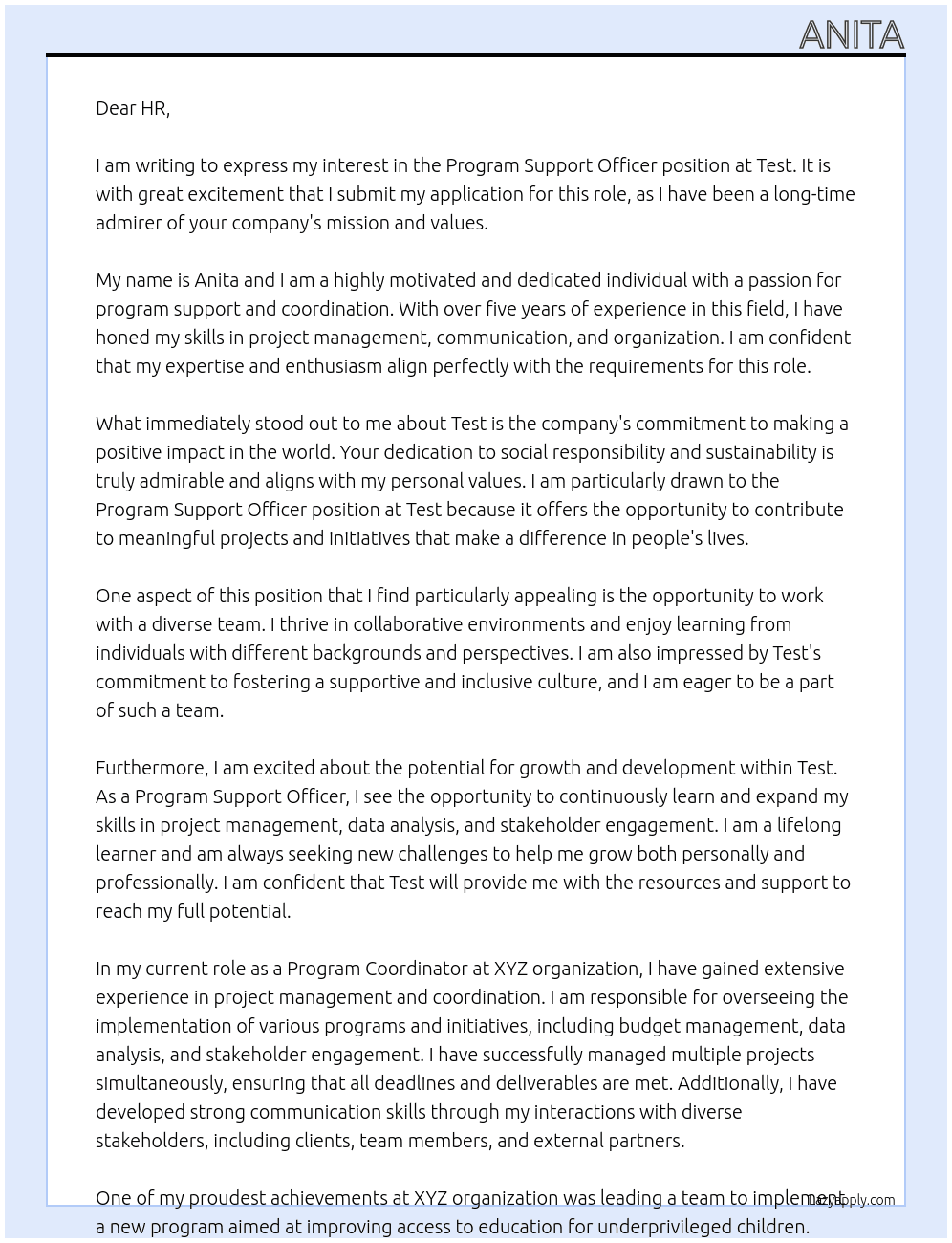 Program Support Officer At Test Cover Letter