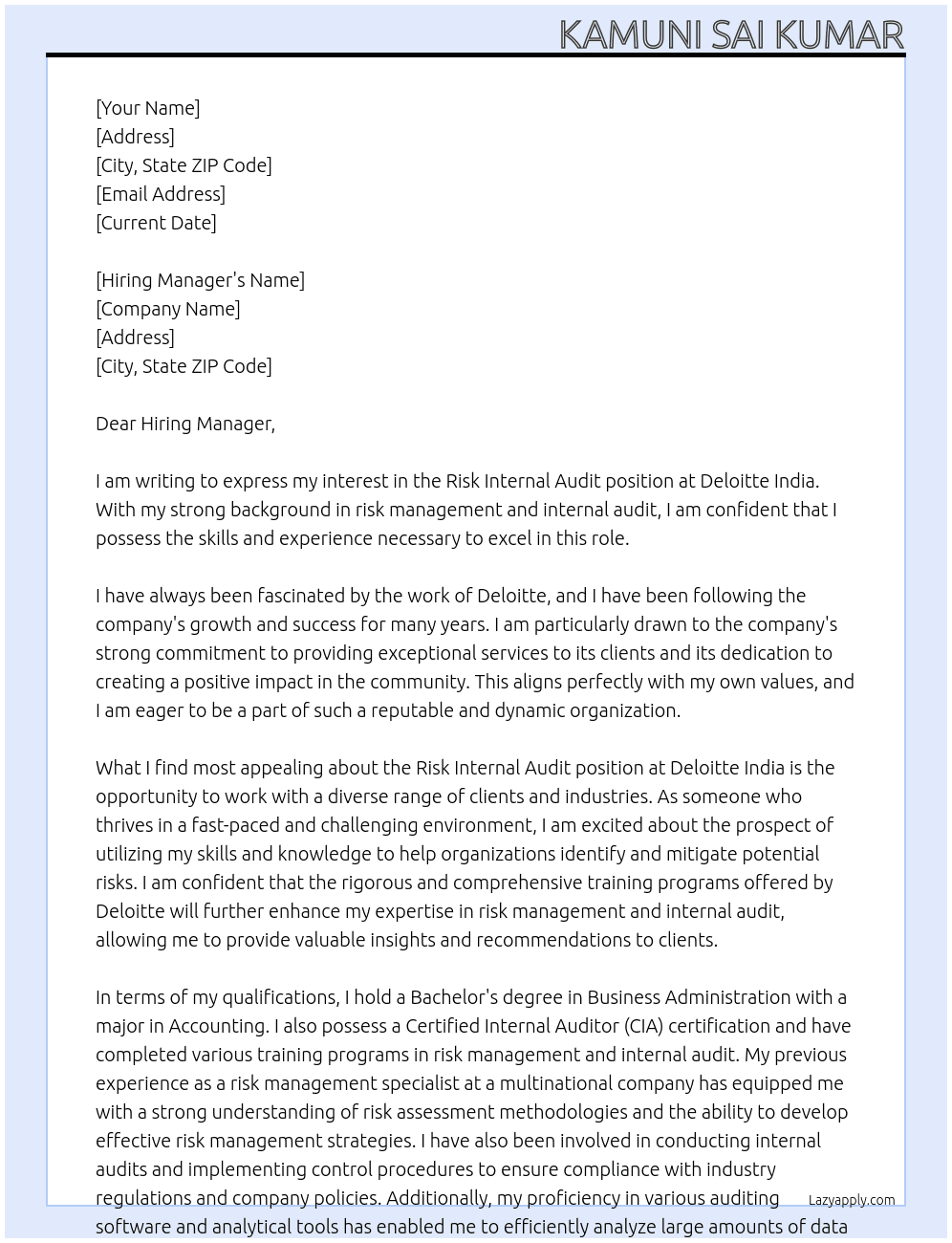 Risk Internal Audit At Deloitte India Cover Letter