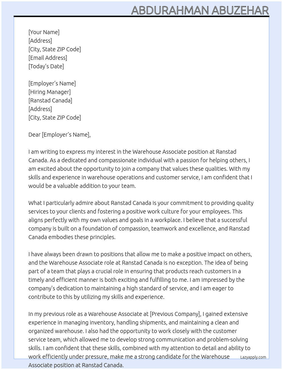Warehouse Associate  At Ranstad Canada  Cover Letter