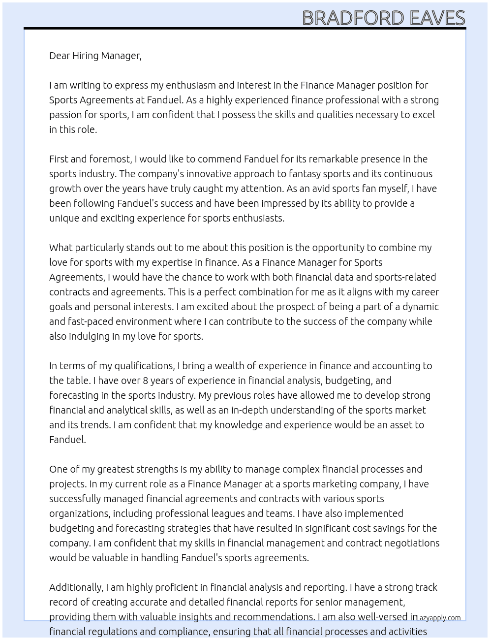 Finance Manager, Sports Agreements At Fanduel Cover Letter