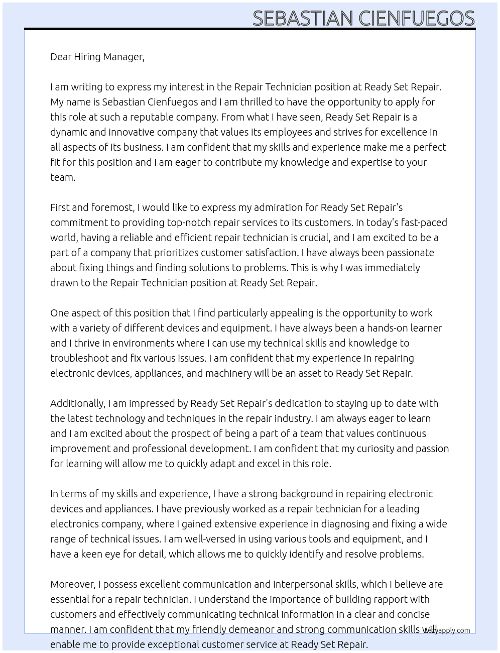 Repair Technician At Ready Set Repair Cover Letter