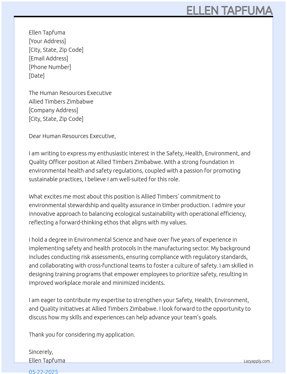  Safety, Health, Environment, and Quality Officer, At Allied Timbers Zimbabwe  Cover Letter