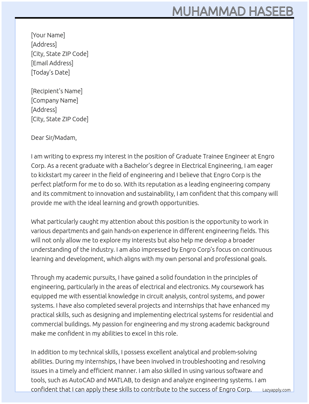 Graduate Traniee Engineer At Engro Corp Cover Letter