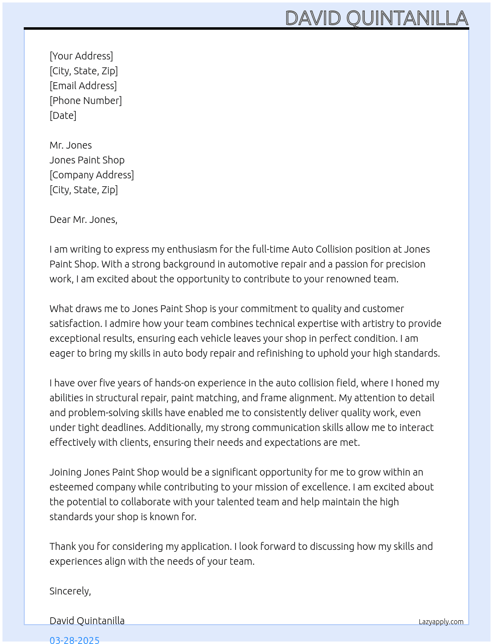 Auto collision At Jones Paint Shop Cover Letter