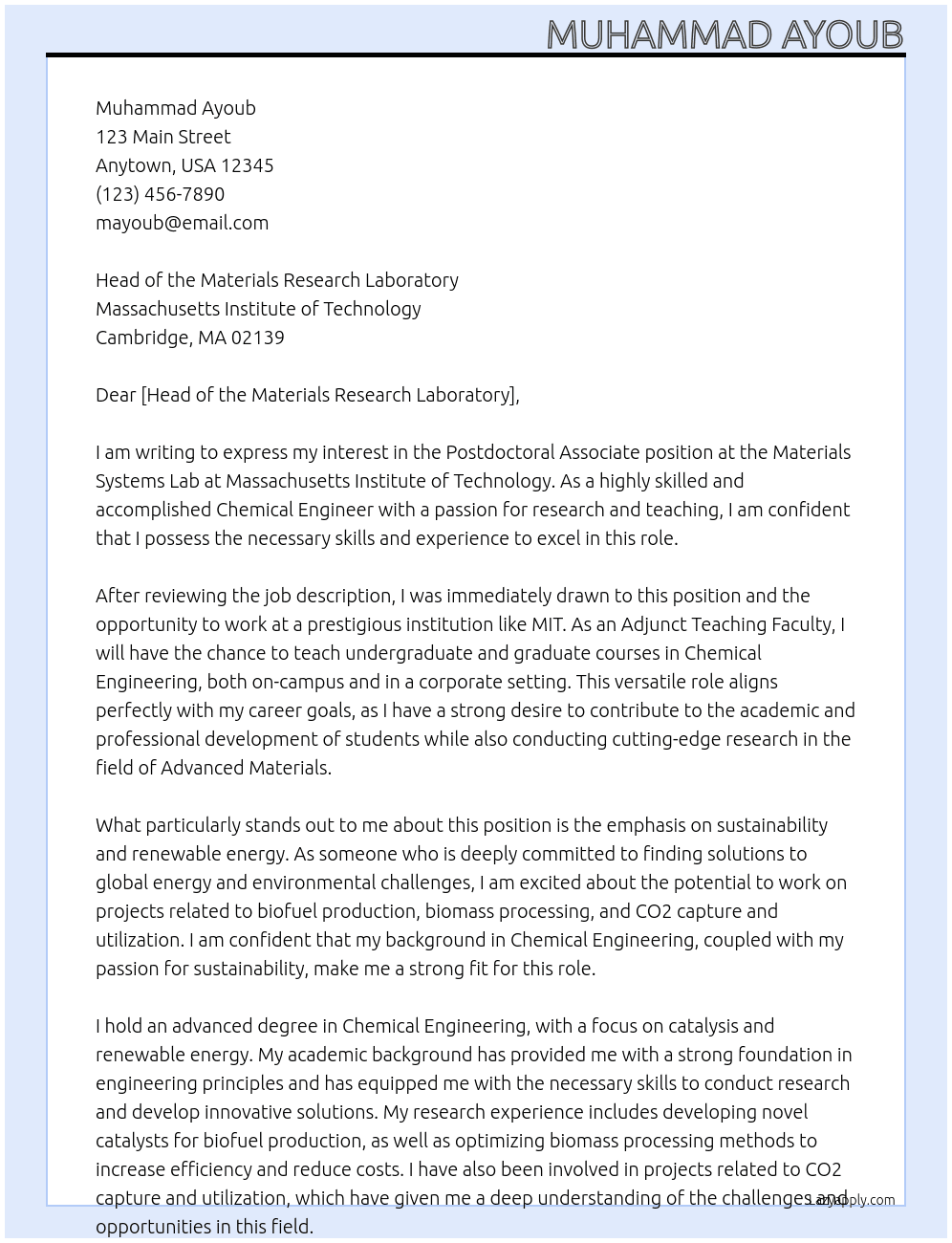 Postdoctoral Associate, Materials Systems Lab At Massachusetts Institute of Technology Cambridge, MA Cover Letter