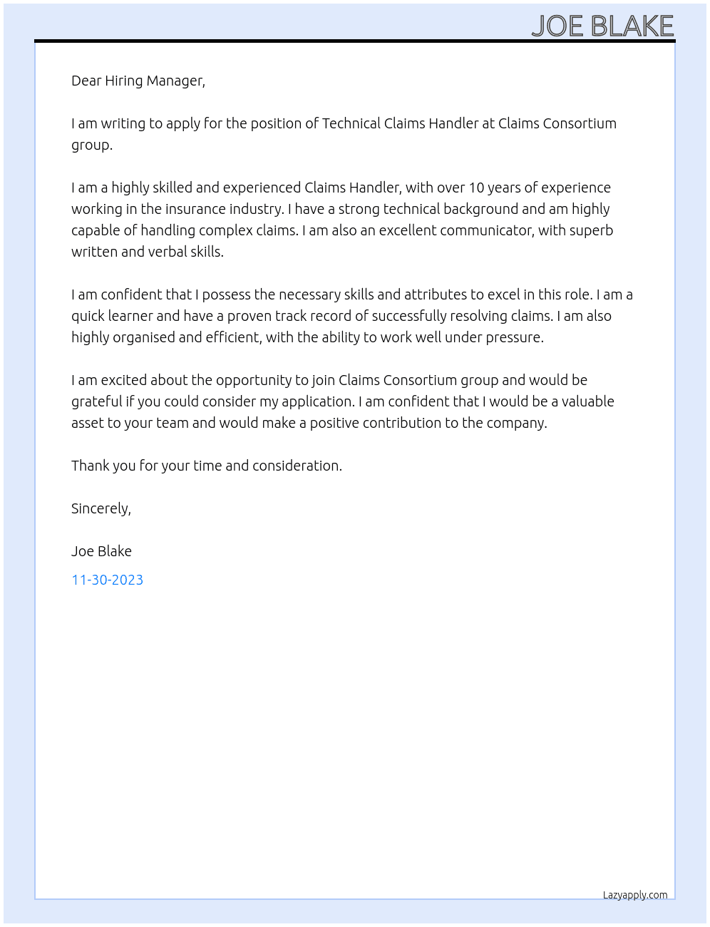 Technical Claims Handler At Claims Consortium group Cover Letter