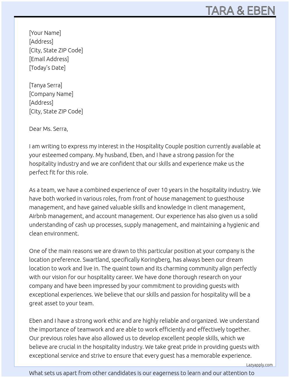 Hospitality Couple At Tanya Serra Cover Letter