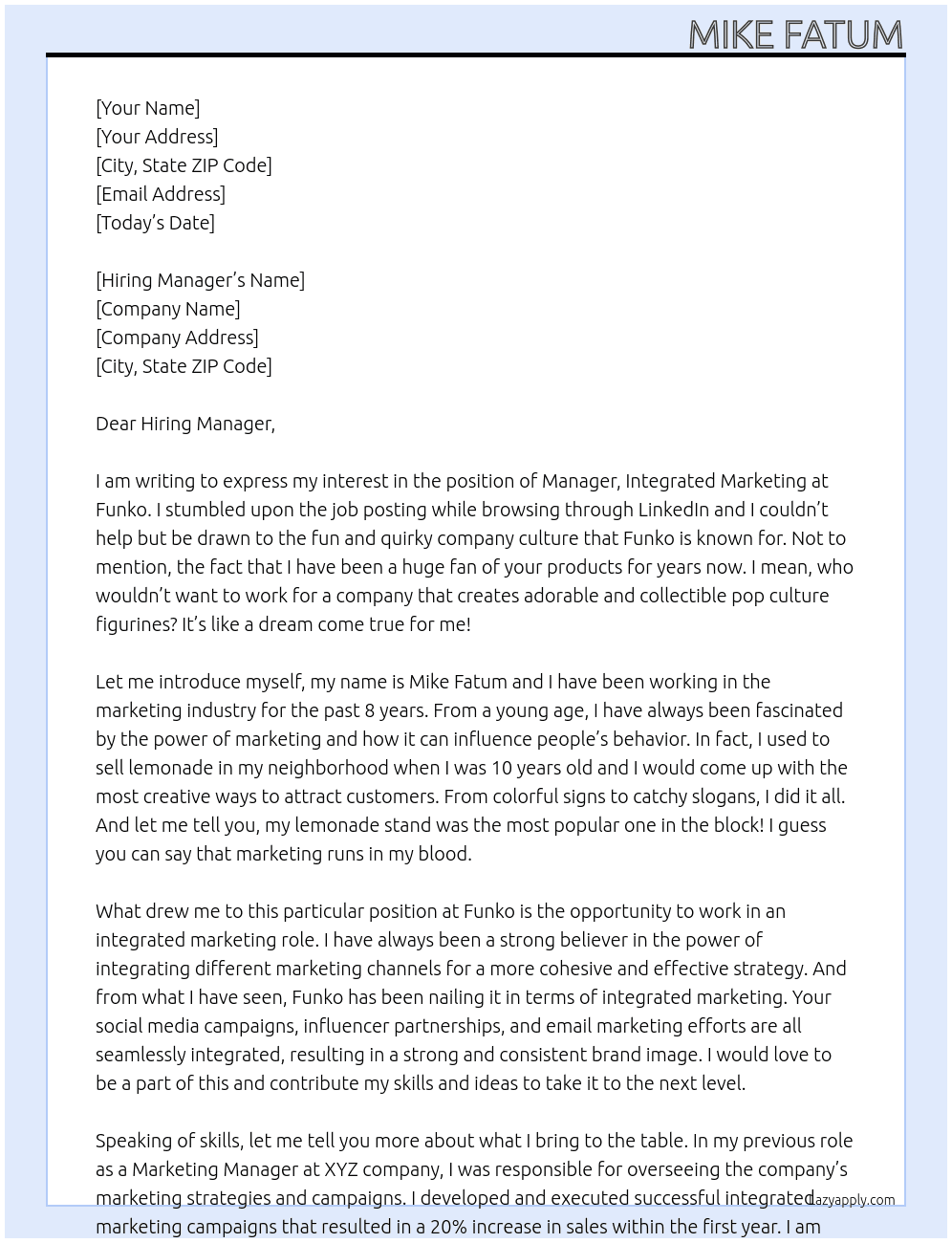 Manager, Integrated Marketing At Funko Cover Letter