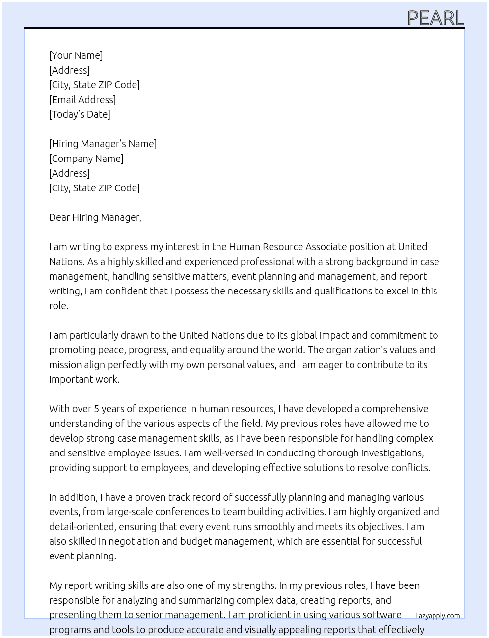 human resource associate  At united nation Cover Letter