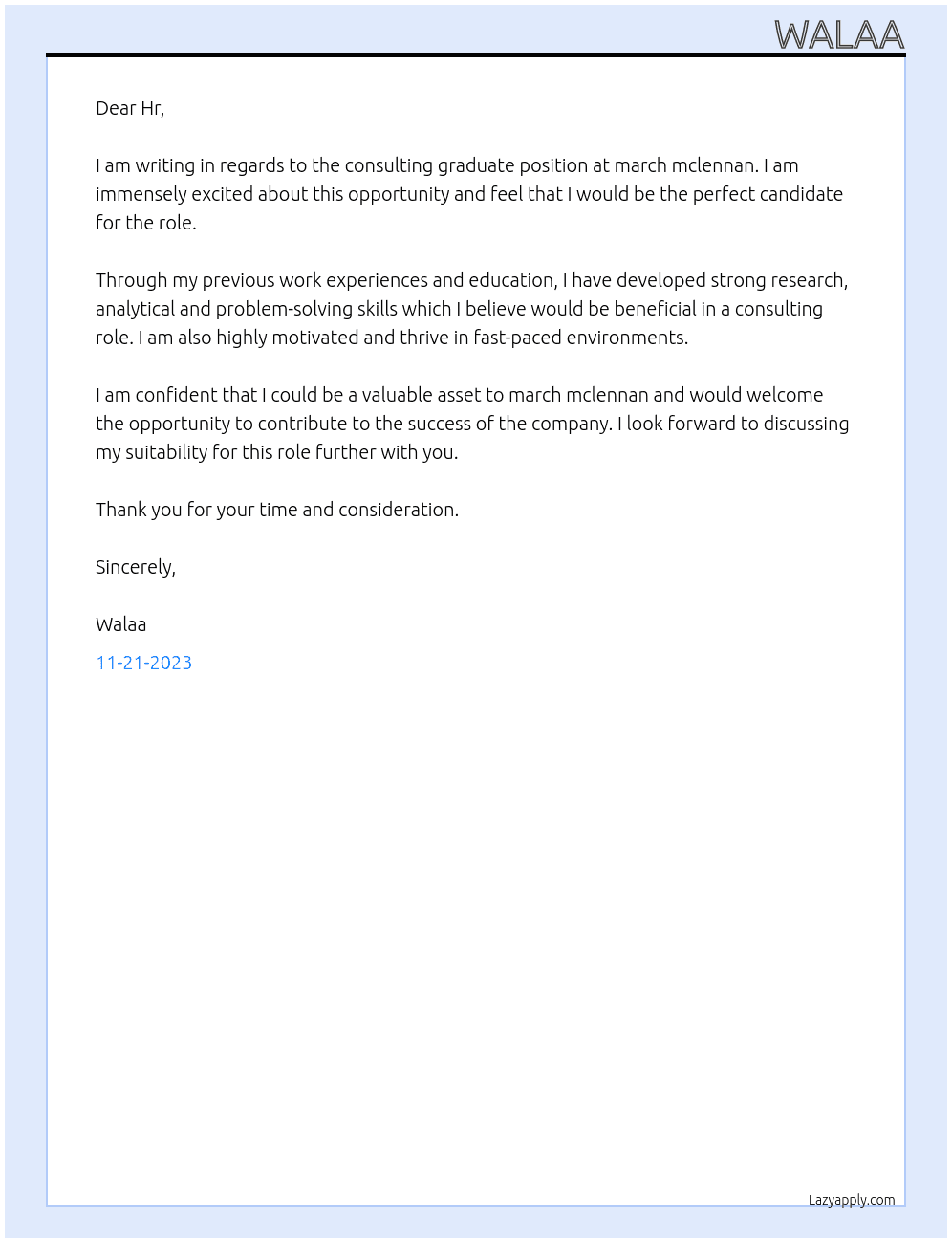 Consulting graduate  At march mclennan Cover Letter