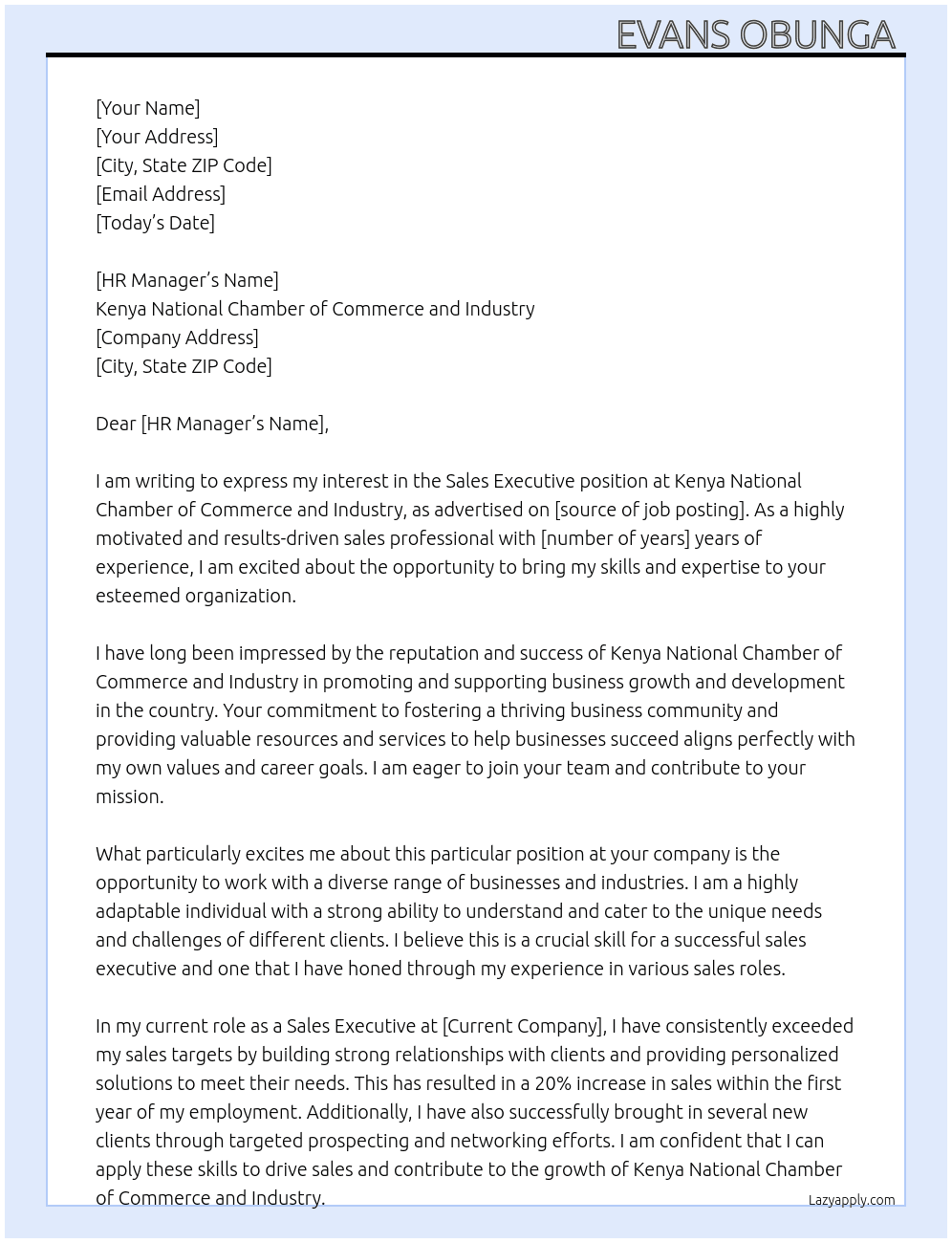 Sales executive  At Kenya National Chamber of Commerce and Industry  Cover Letter