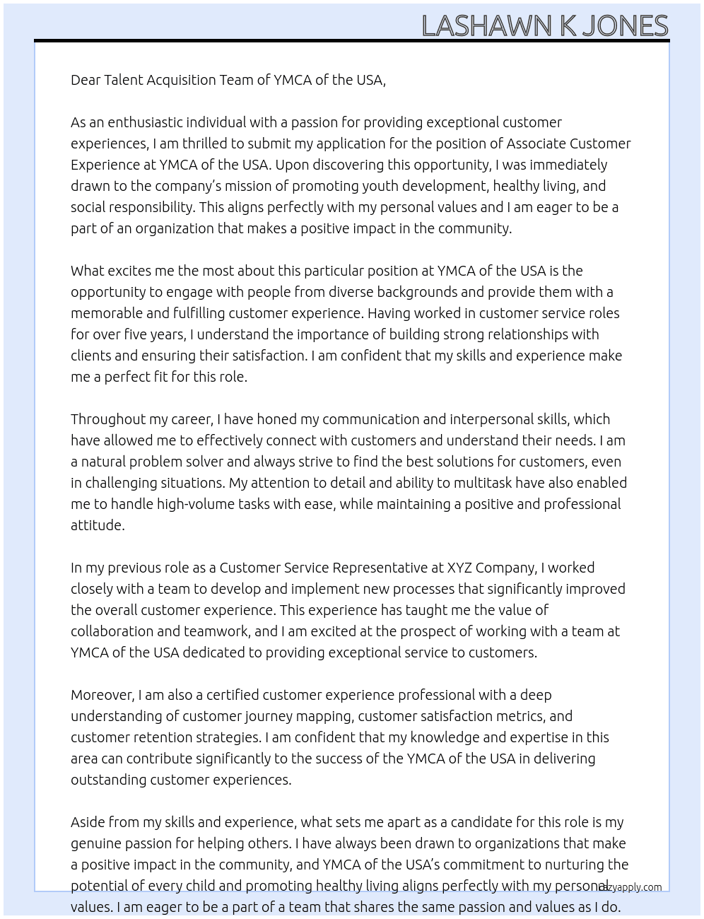 Associate Customer Experience At YMCA of the USA Cover Letter