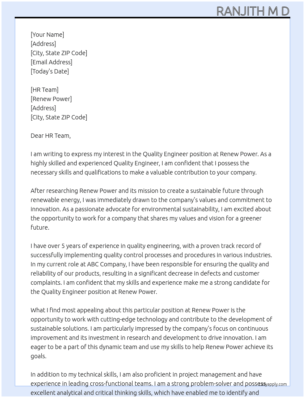Quality Engineer At Renew power Cover Letter