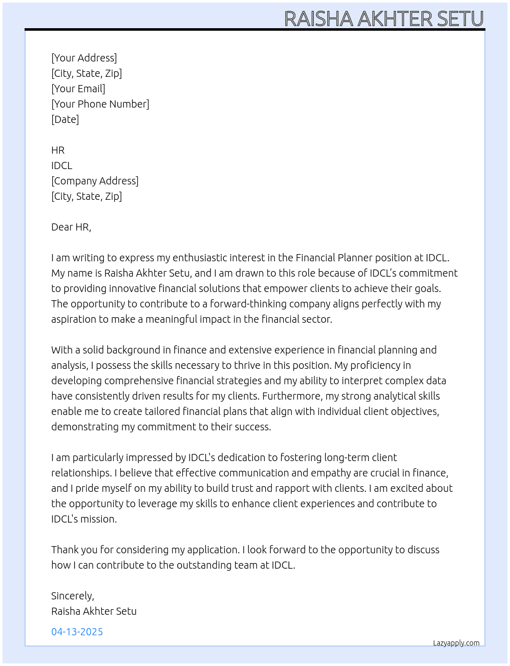 Financial planner  At IDCL Cover Letter