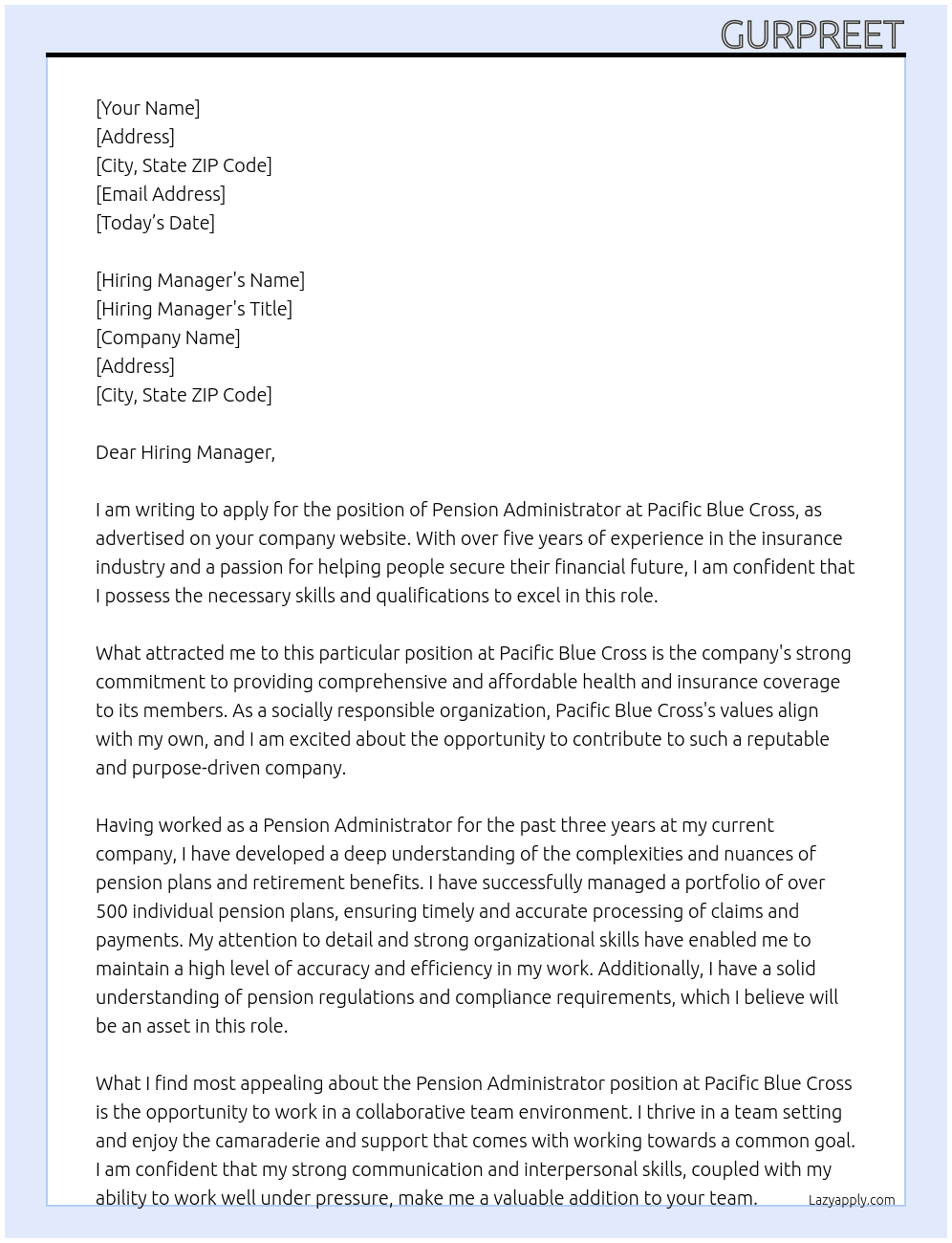 Pension Administrator At Pacific Blue Cross Cover Letter