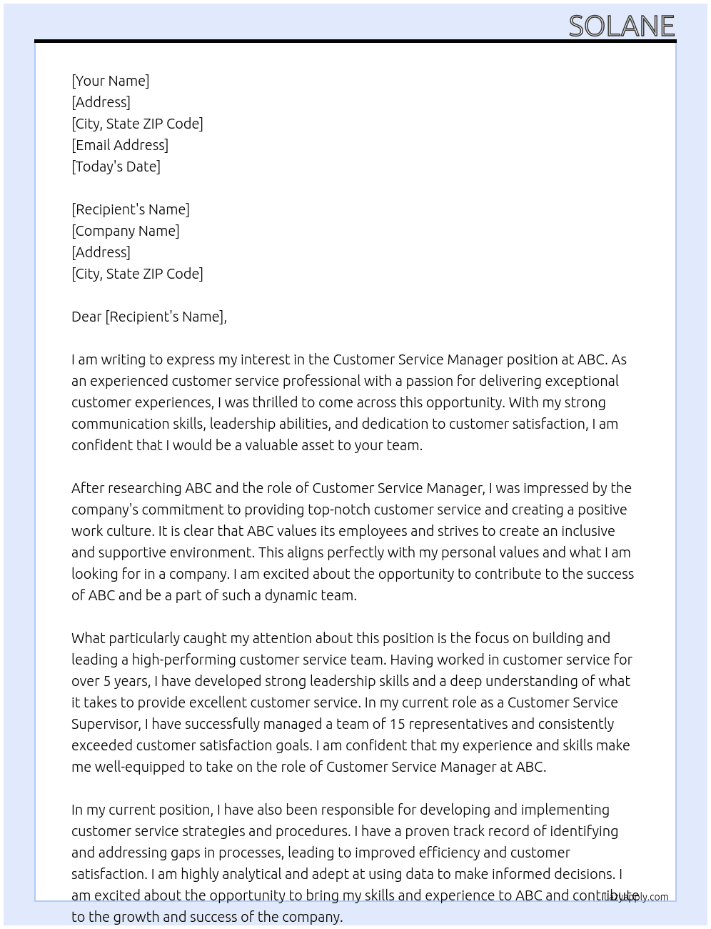 Customer service manager At abc Cover Letter