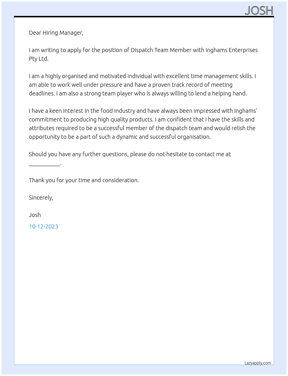 Dispatch Team Members At Inghams Enterprises Pty Ltd Cover Letter