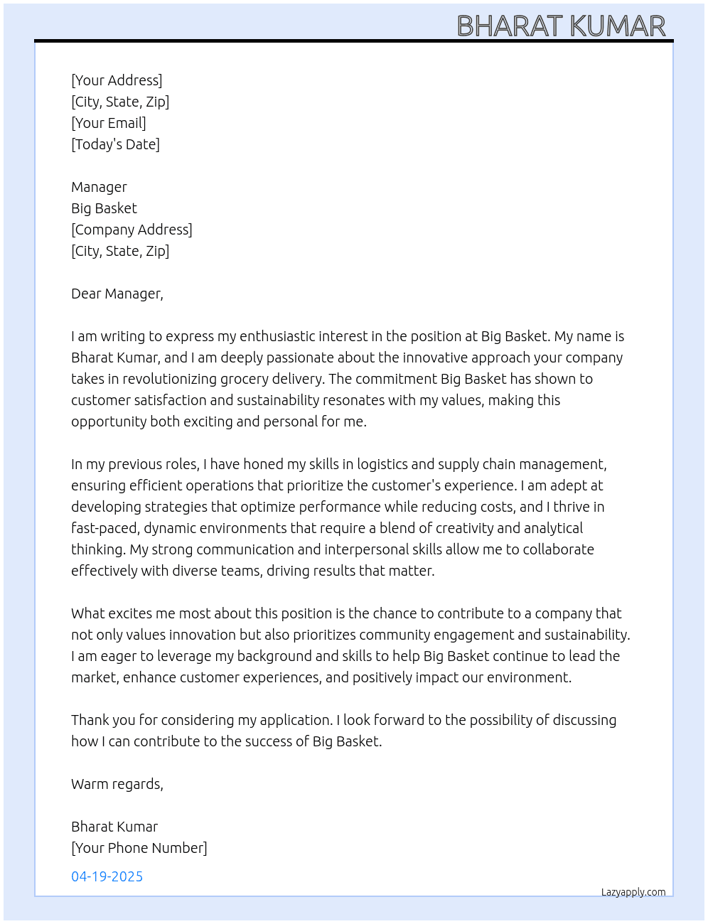 Big basket  At Big basket  Cover Letter