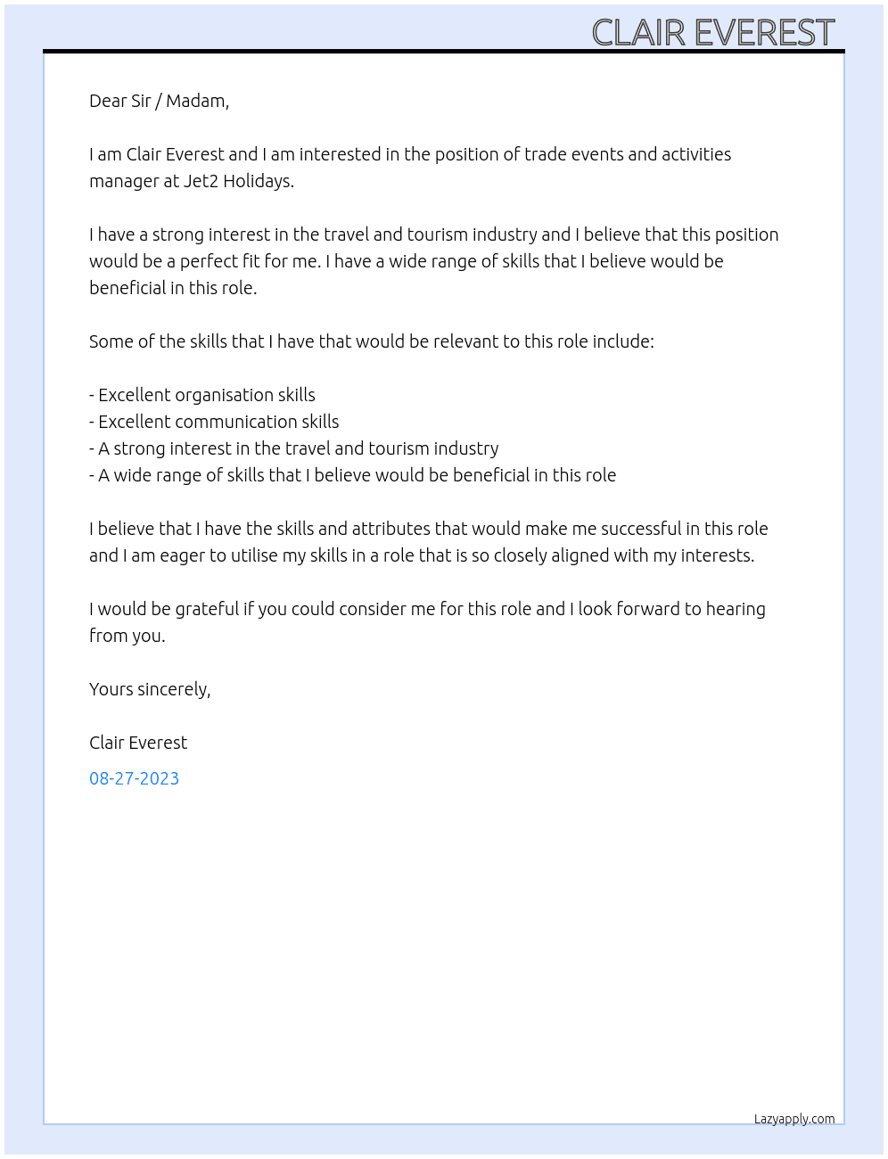 trade events and activities manager  At Jet2 Holidays  Cover Letter