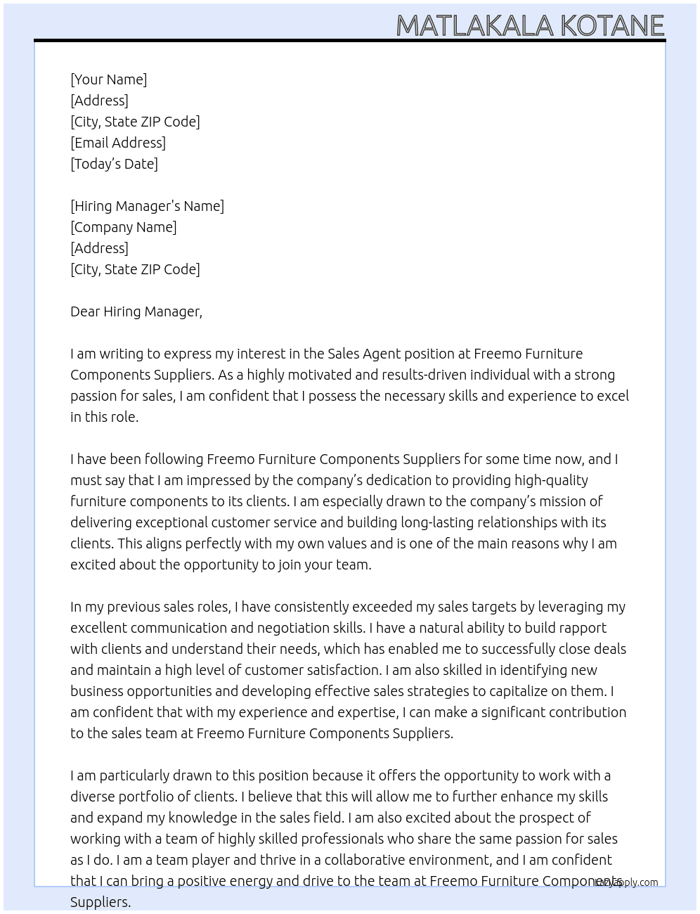 Sales Agent At Freemo Furniture Components Suppliers Cover Letter
