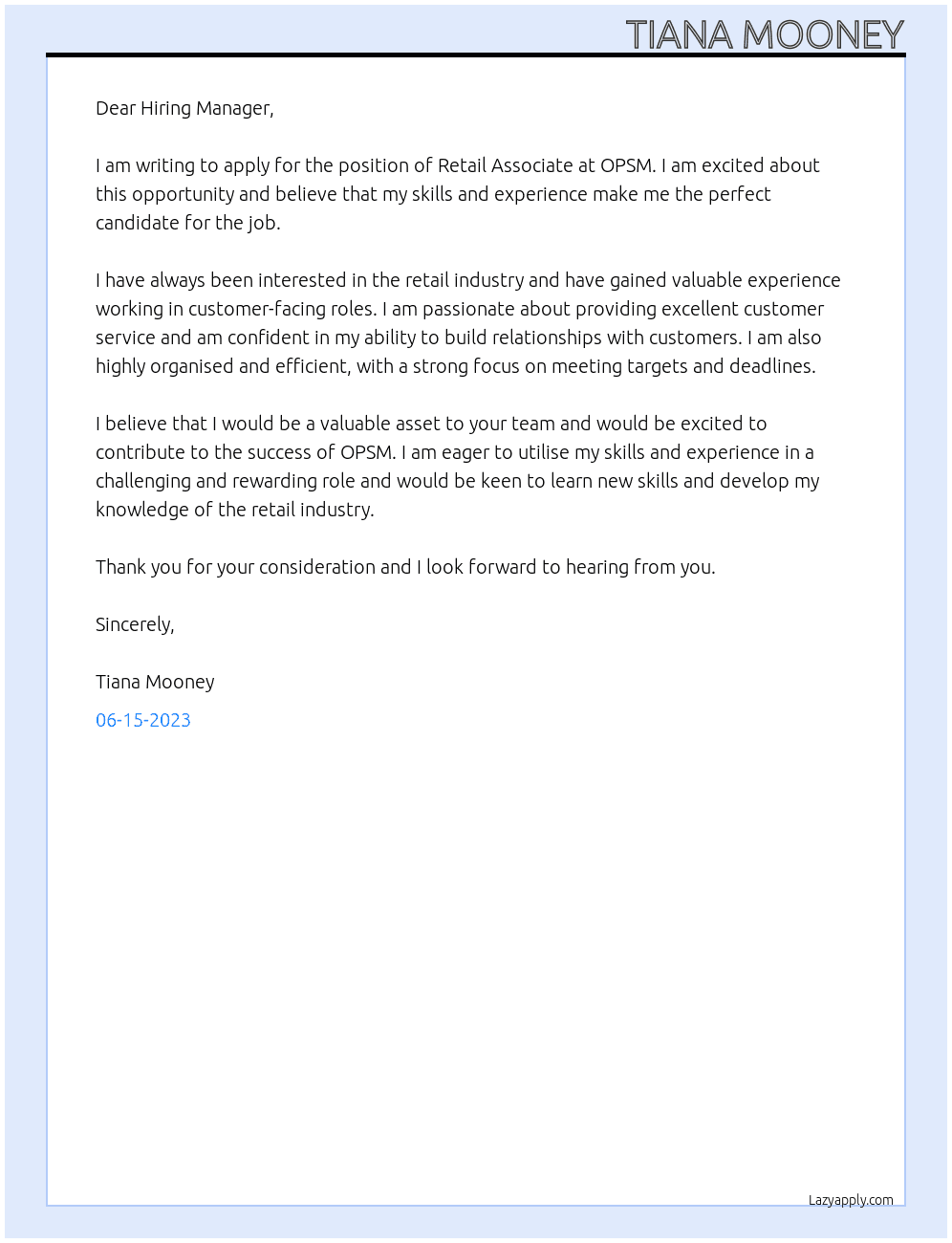 Retail Associate (797376) At OPSM Cover Letter