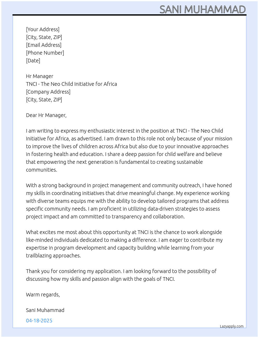 Cover letter for tnci- the neo child initiative for africa - LazyApply