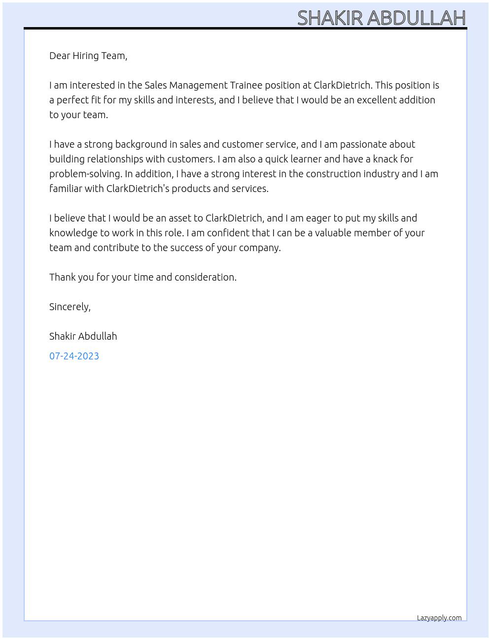 Sales Management Trainee At ClarkDietrich  Cover Letter