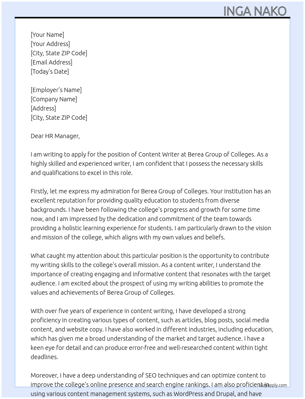 Content Writer At Berea Group of Colleges Cover Letter