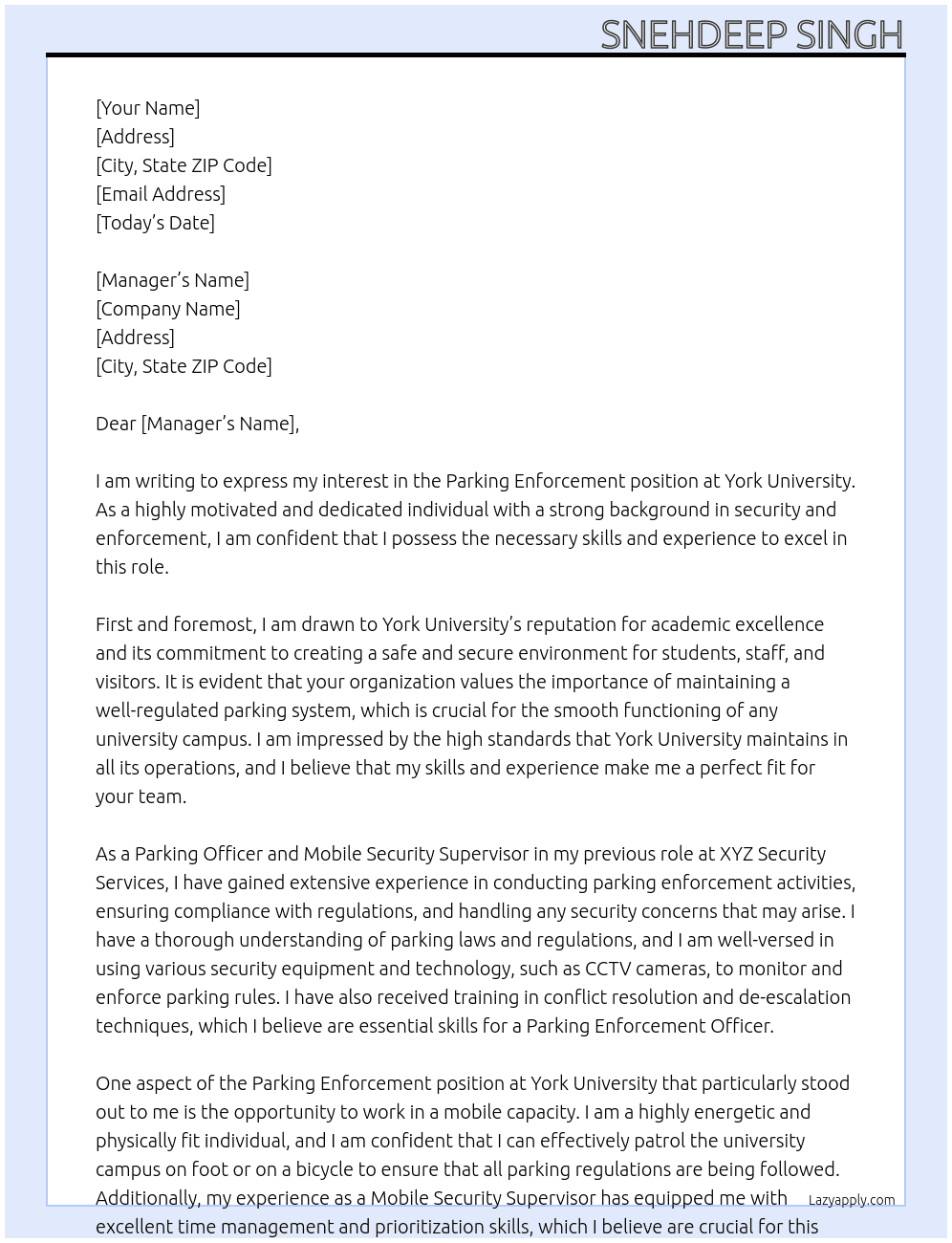 Parking Enforcement  At York University  Cover Letter