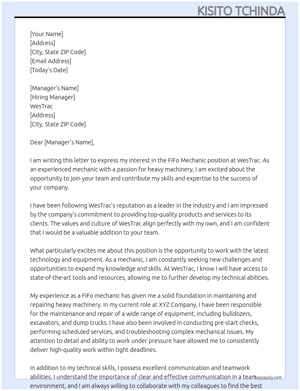 FiFo Mechanic At WesTrac Cover Letter