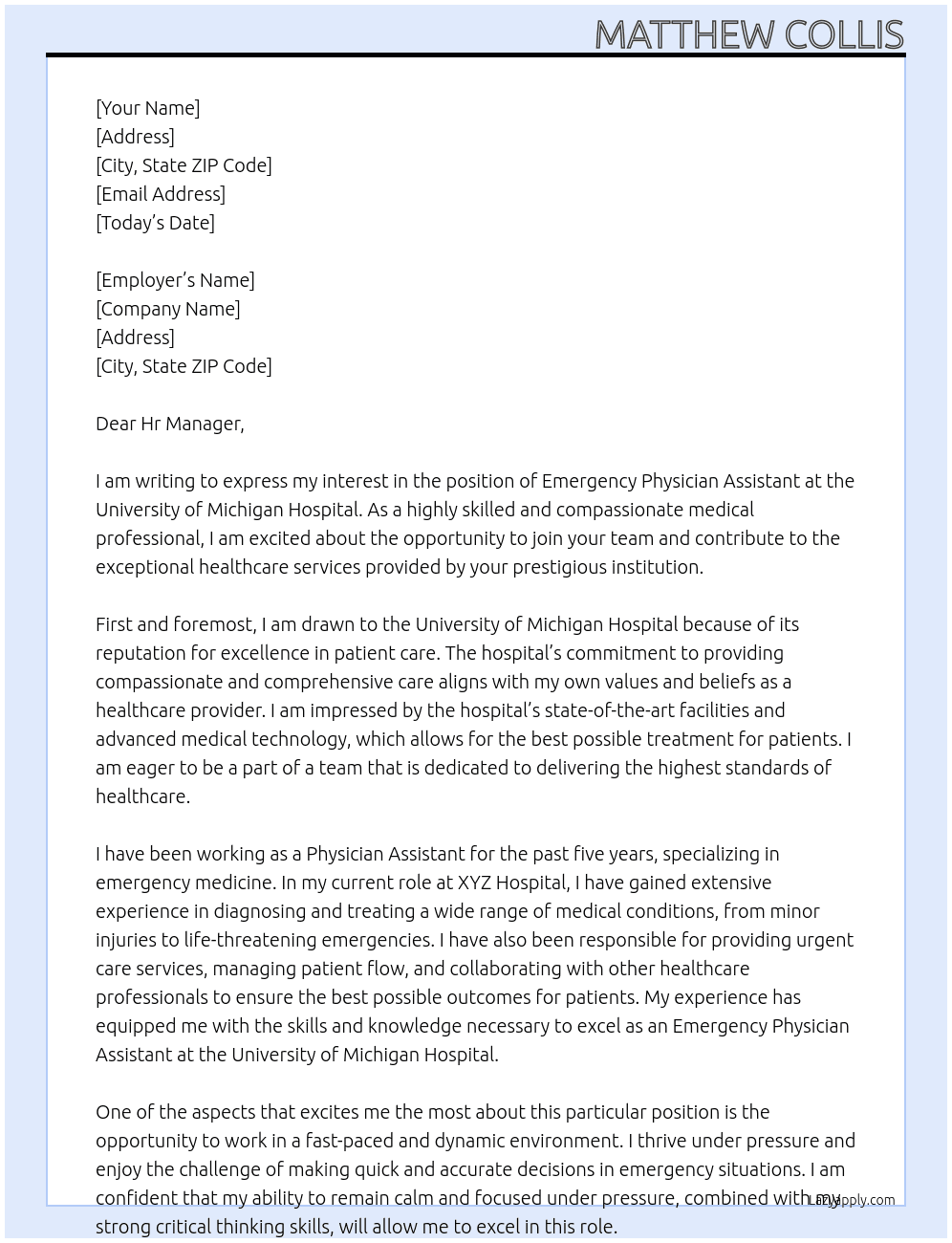 Emergency Physician Assistant At University of Michigan Hospital Cover Letter