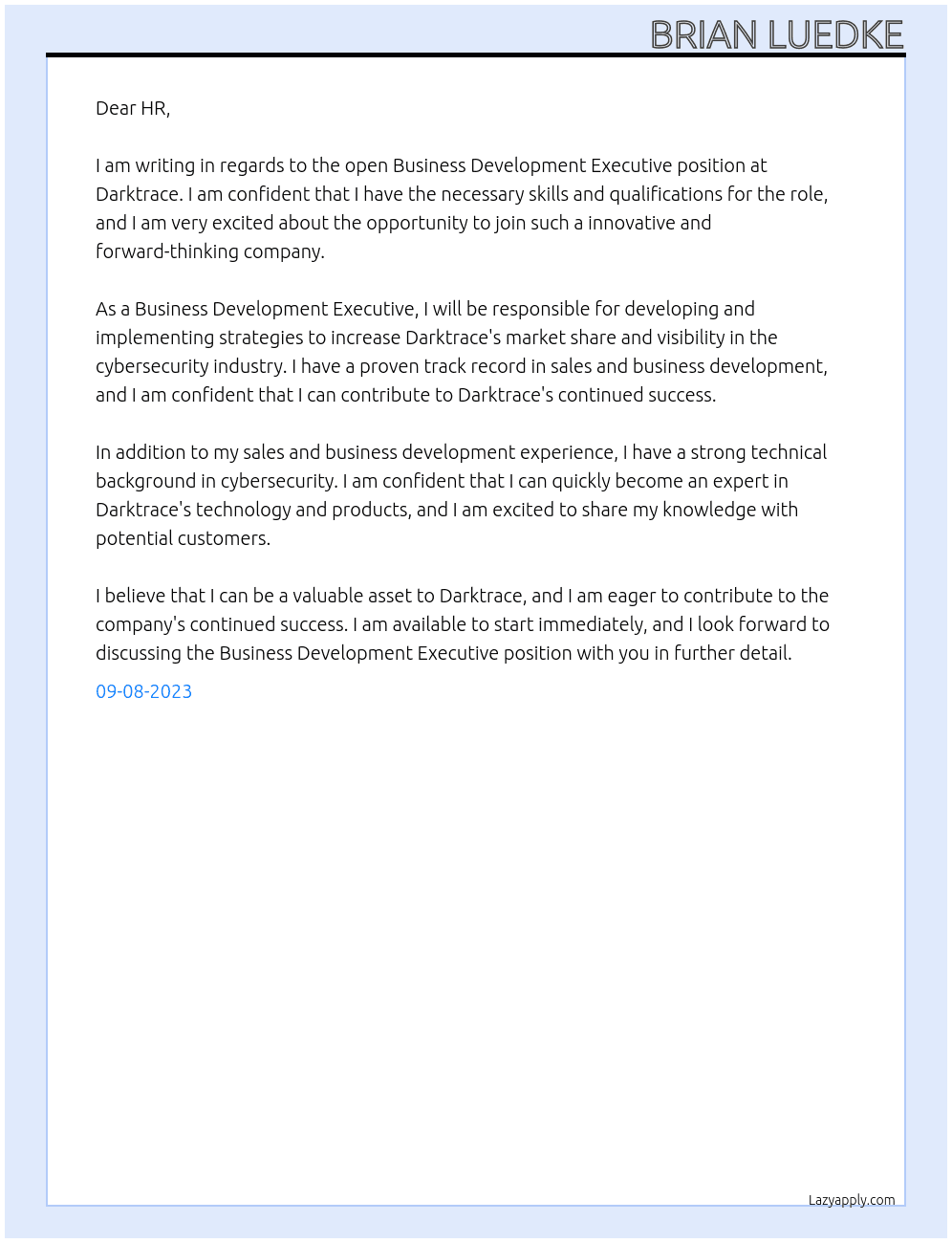 Business Development Executive At Darktrace Cover Letter