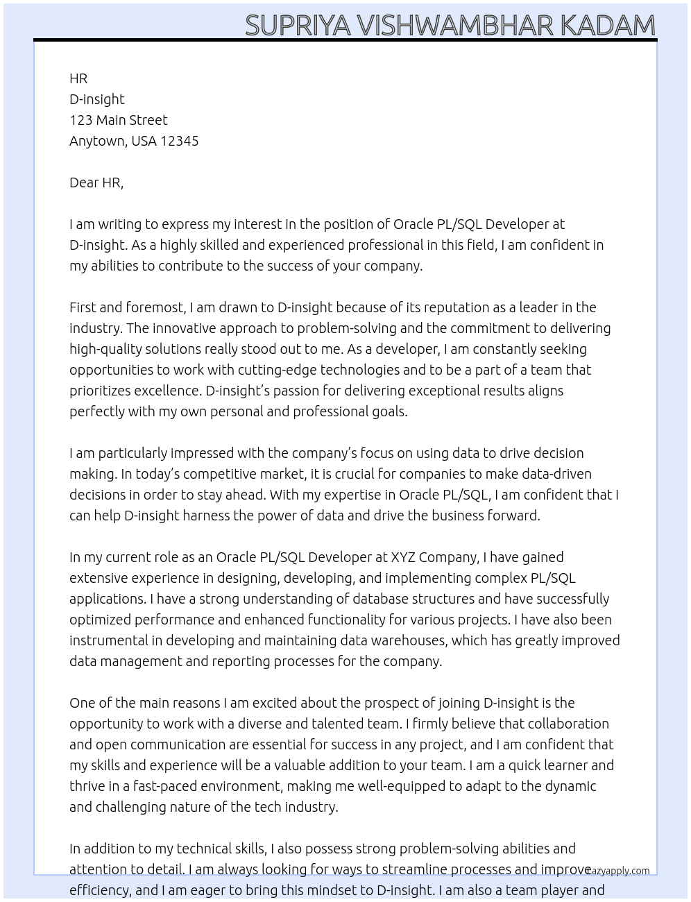 Oracle PL/SQL Developer At D-insight  Cover Letter