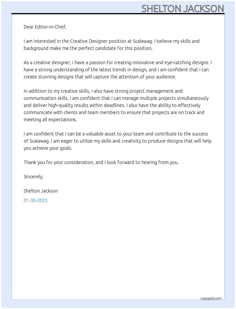 Creative Designer At Scalawag Cover Letter