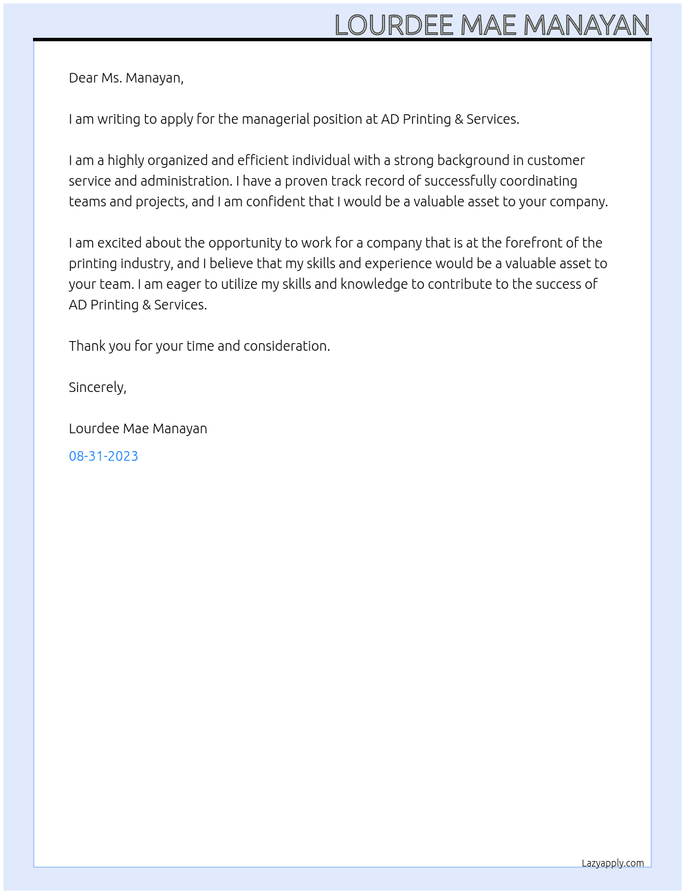 managerial At AD Printing & Services Cover Letter