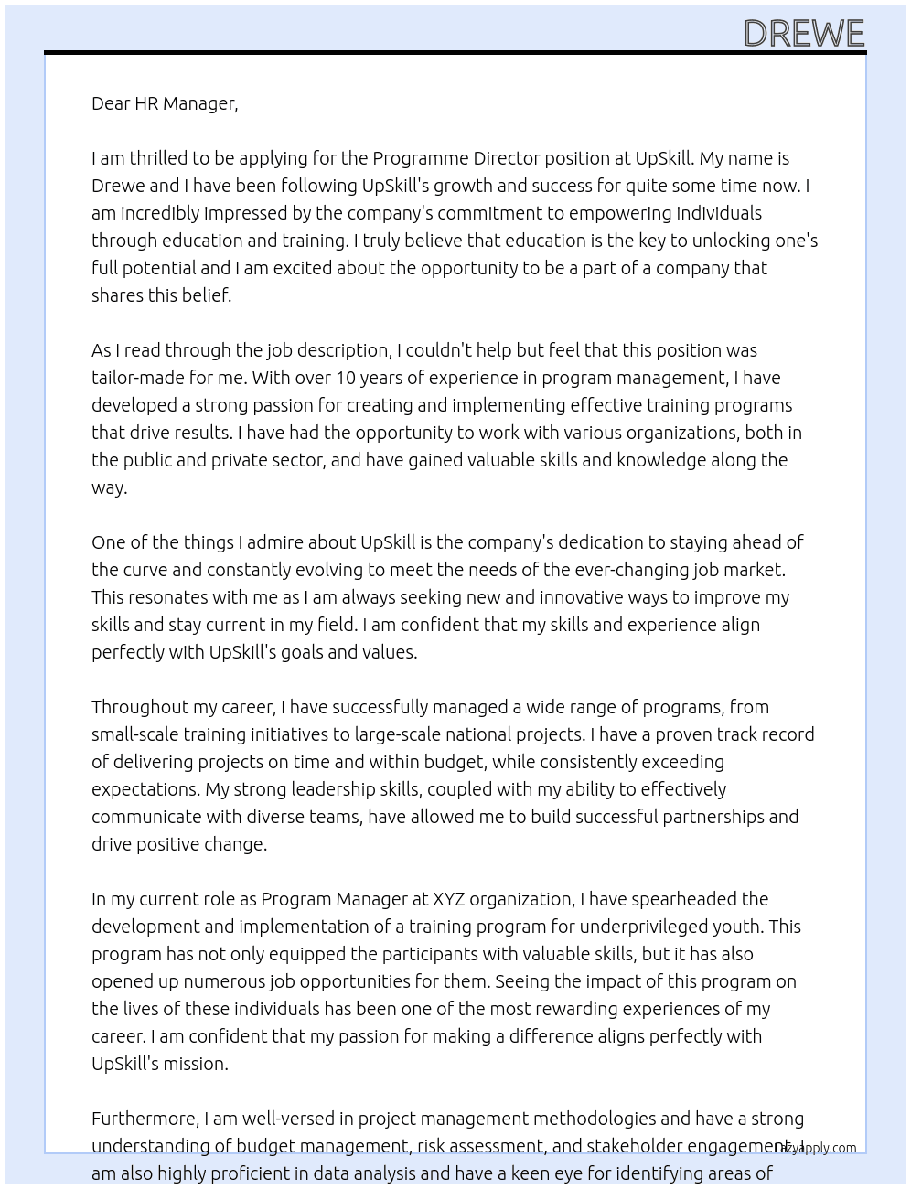 Programme Director At UpSkill Cover Letter