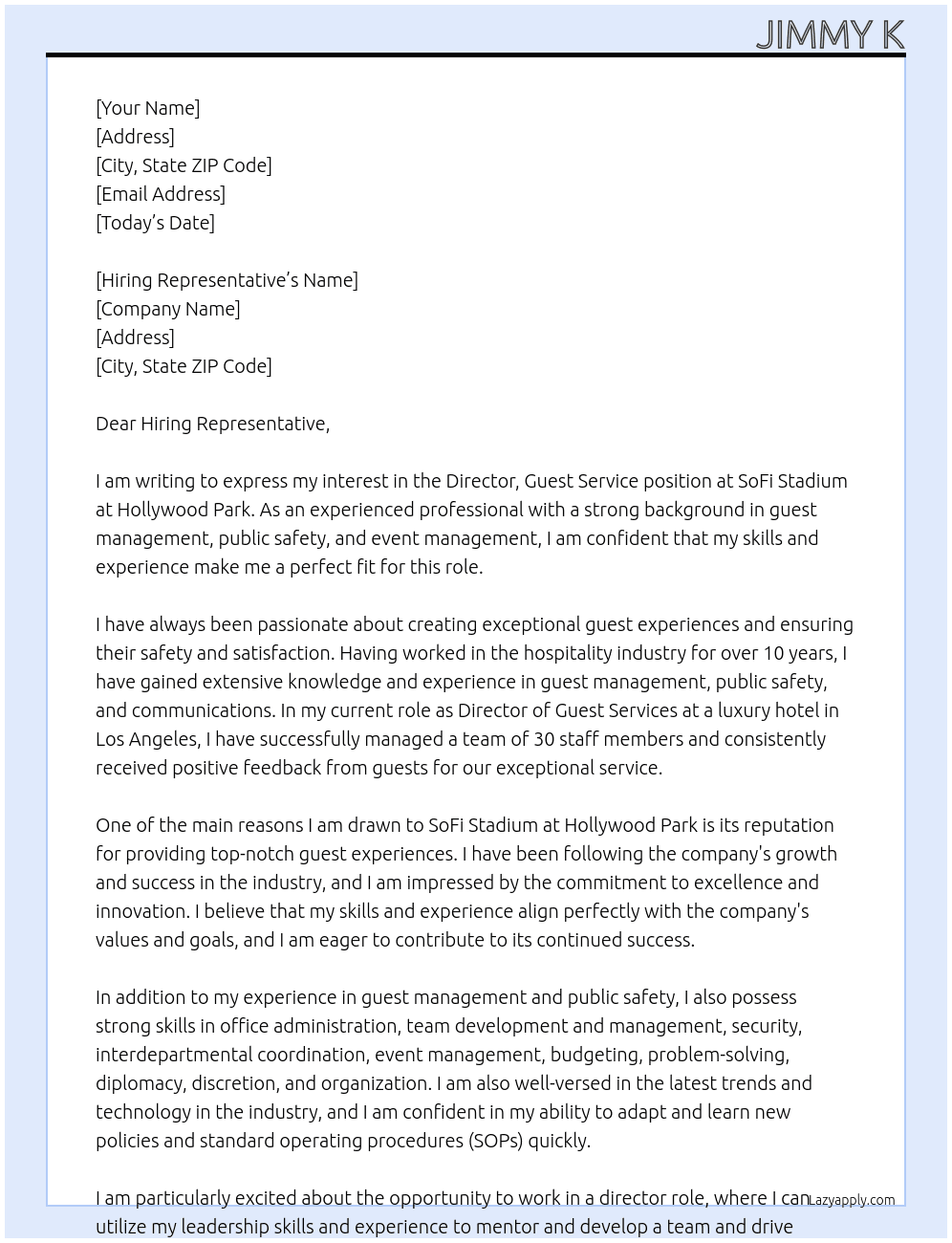 Director, Guest Service At SoFi Stadium at Hollywood Park Cover Letter