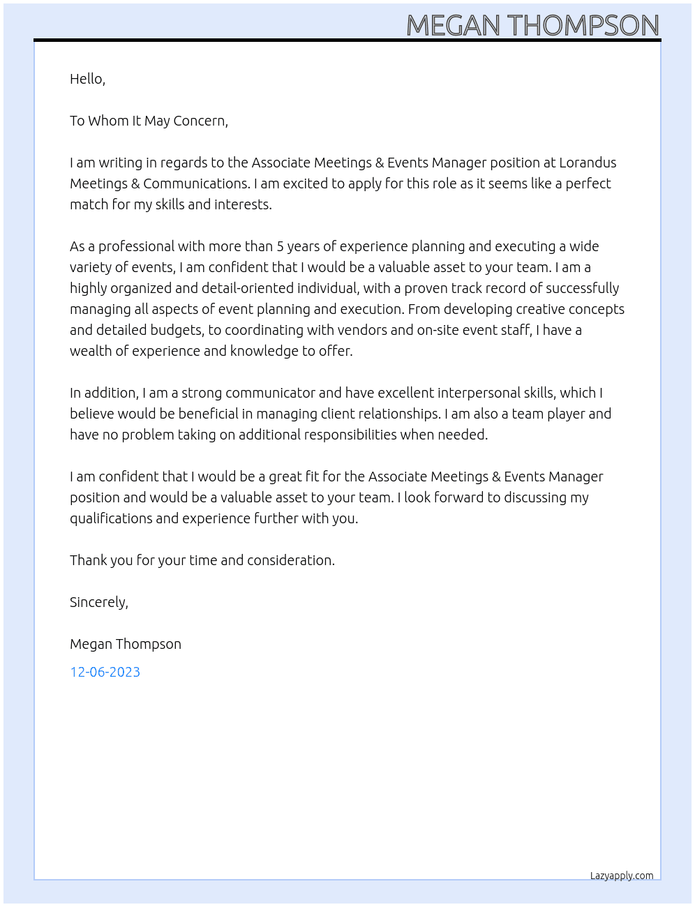 Associate Meetings & Events Manager At Lorandus Meetings & Communications Cover Letter