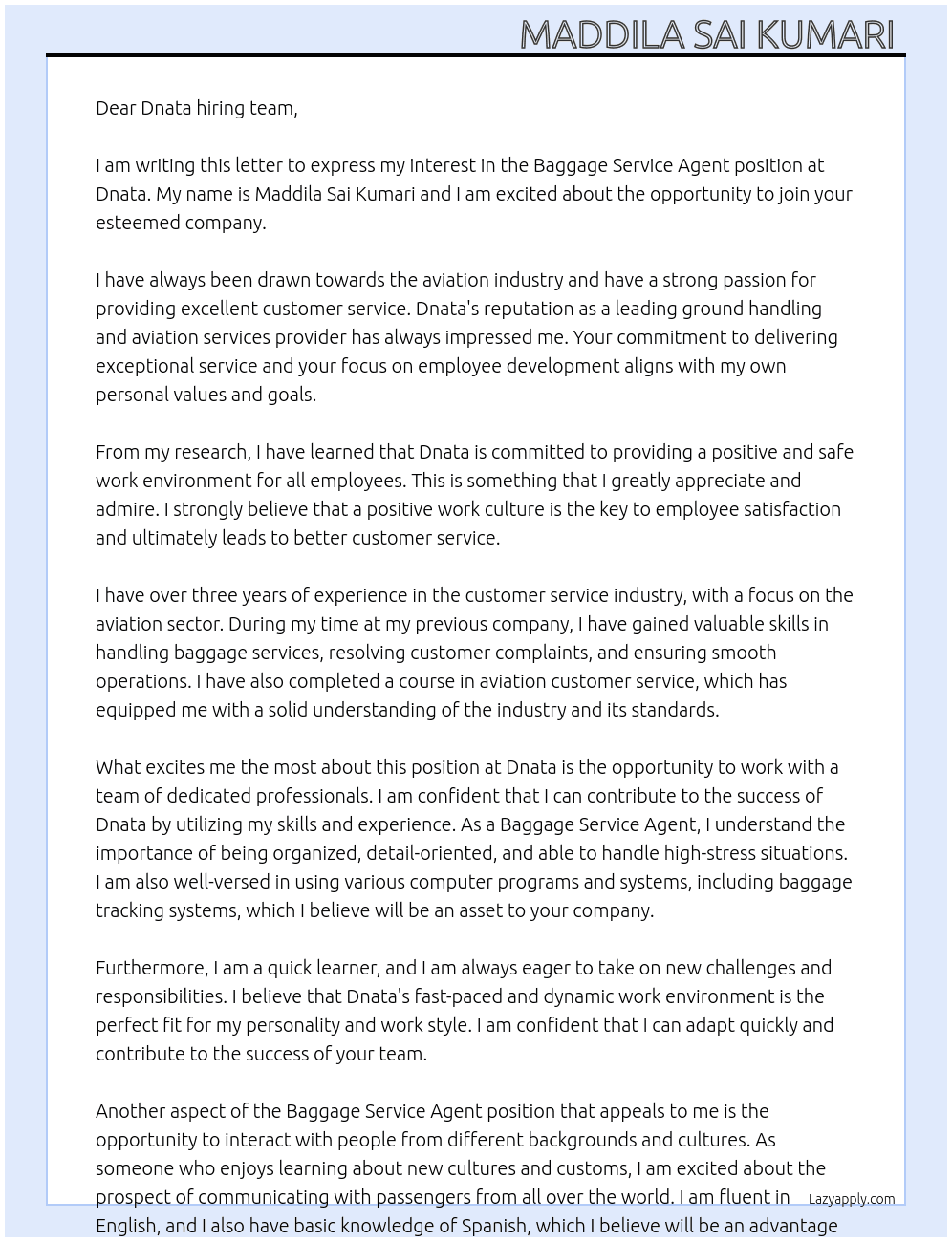 Baggage service agent  At Dnata Cover Letter