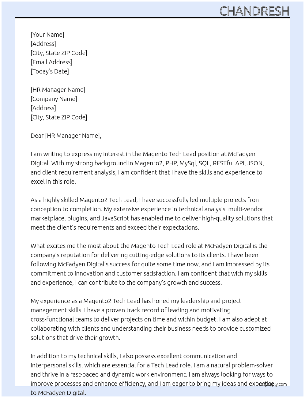 Magento Tech Lead At McFadyen Digital Cover Letter