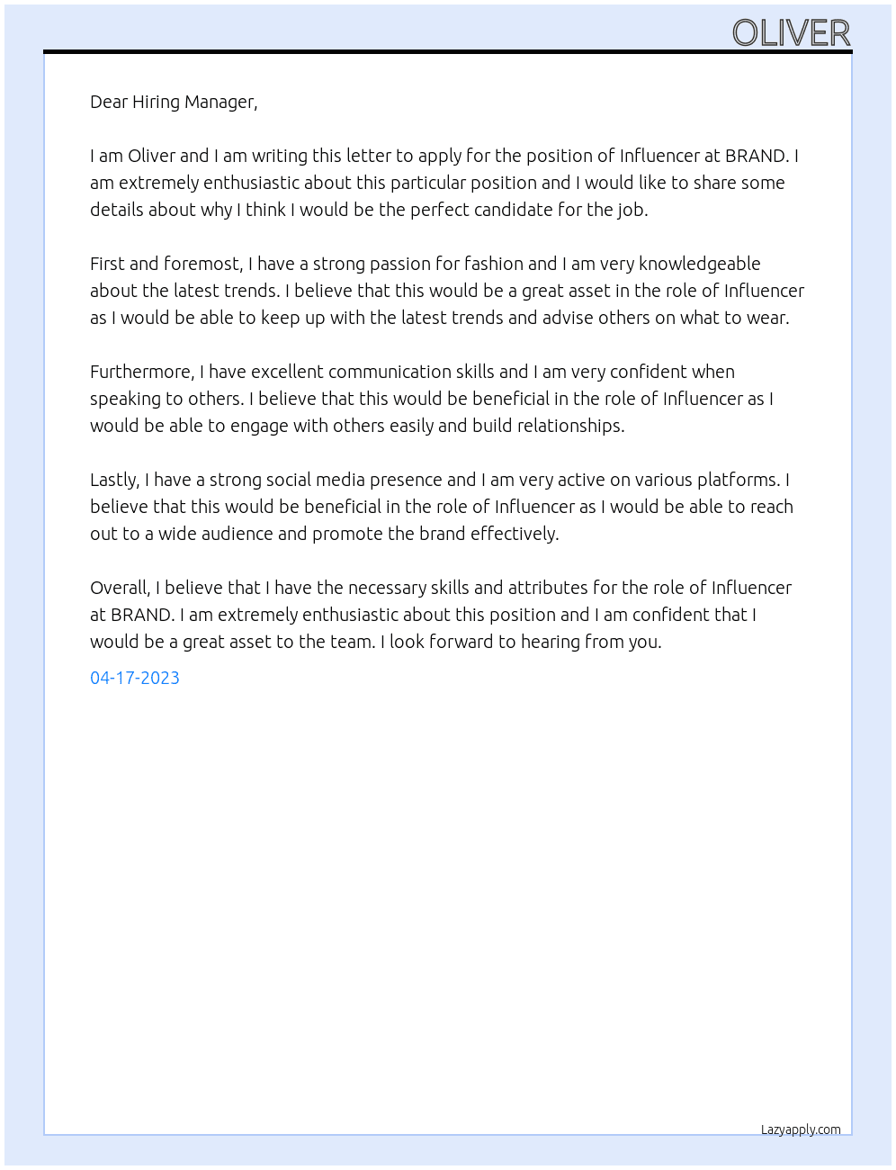 Influencer  At BRAND Cover Letter
