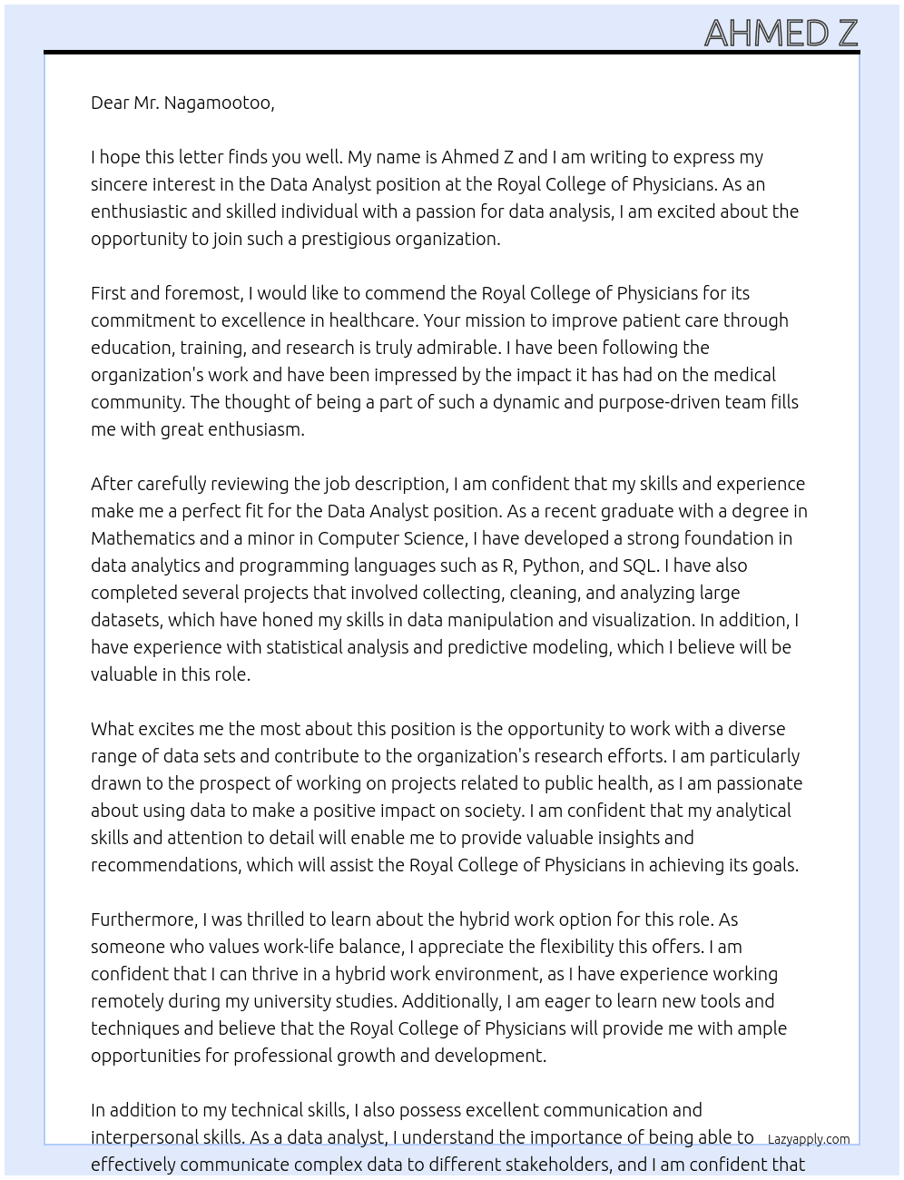 Data Analyst At Royal College of Physicians Cover Letter