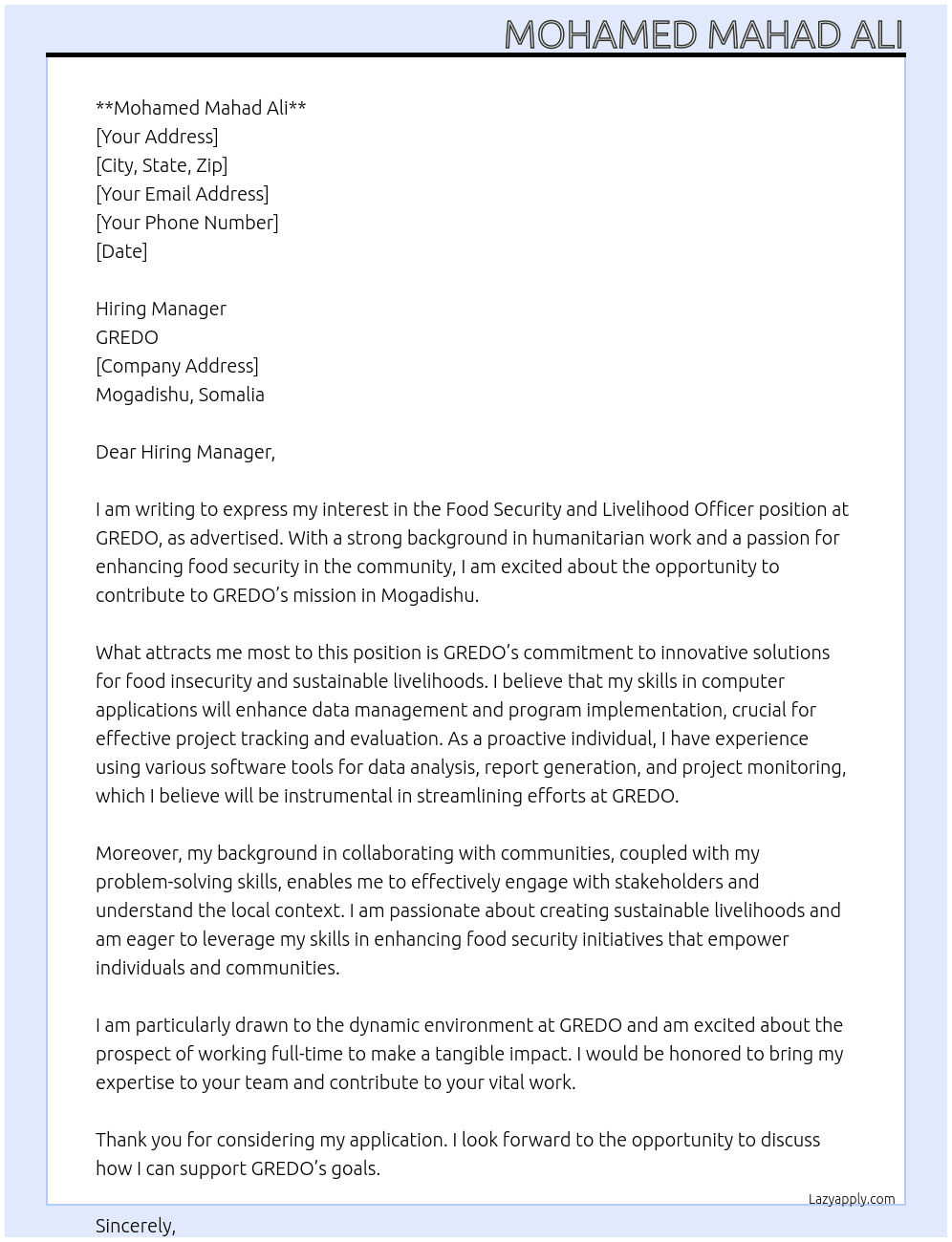 Food security  and livelihood At GREDO Cover Letter