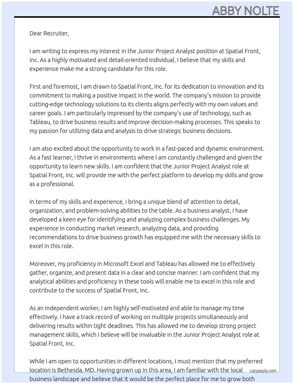 Junior Project Analyst At Spatial Front, Inc. Cover Letter