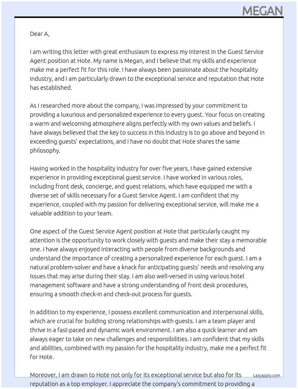 Guest Service Agent At Hote Cover Letter