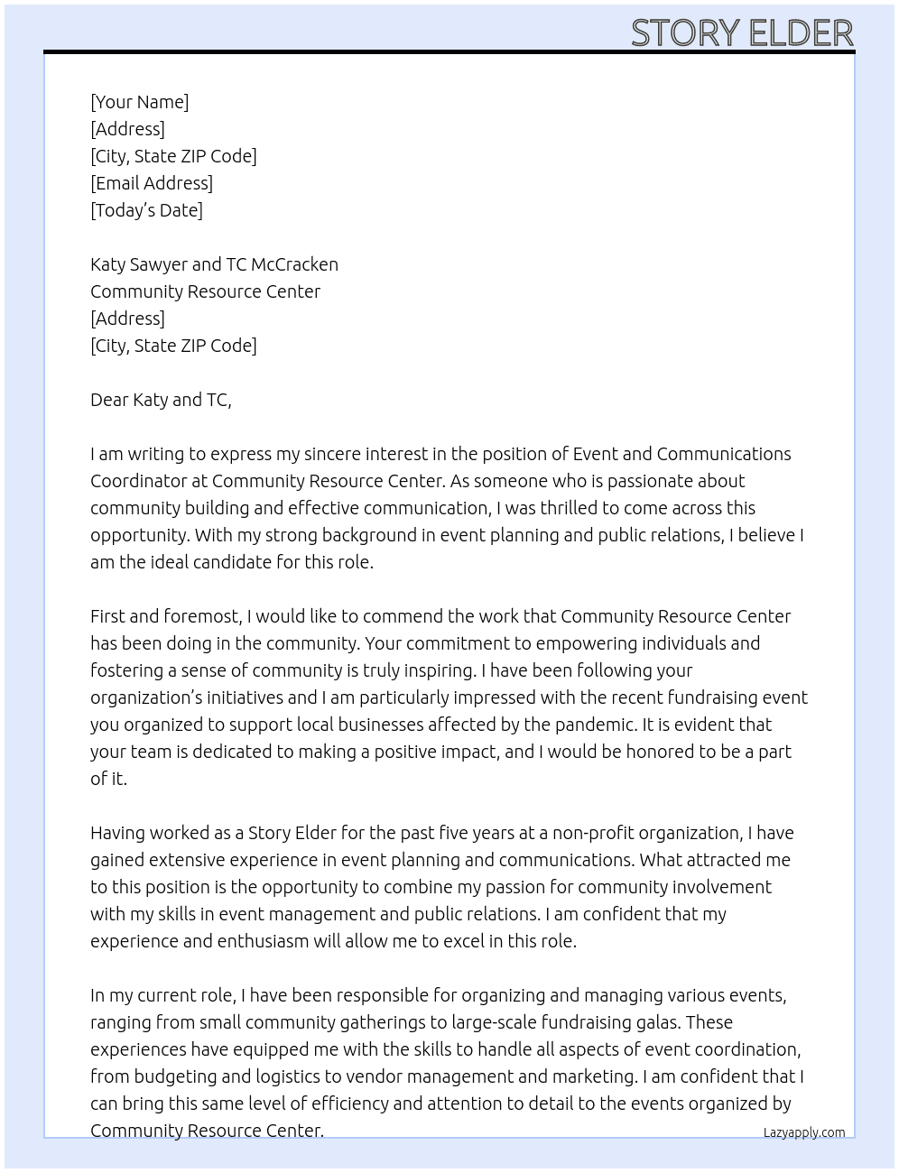 Event and Communications Coordinator At Community Resource Center Cover Letter
