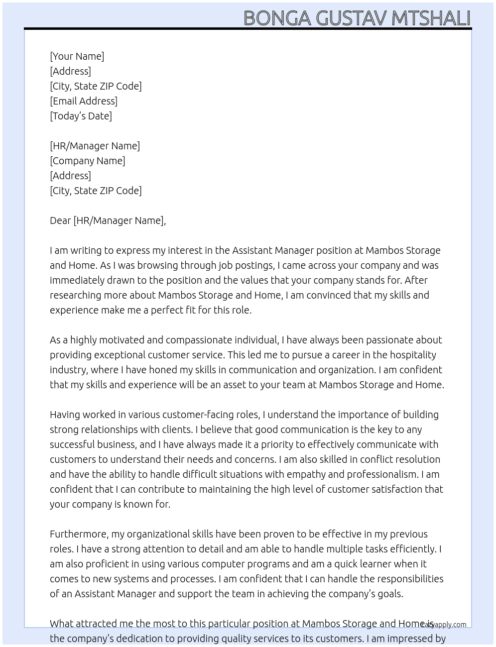 Assistan Manager At Mambos Storage and home Cover Letter